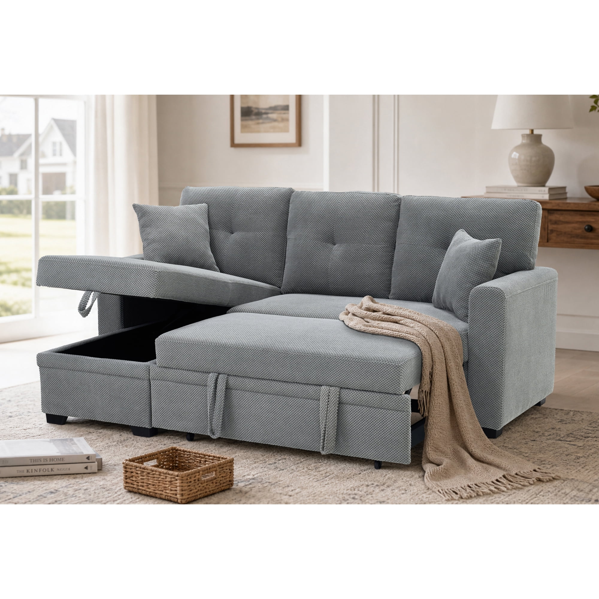 Leumius L Shaped Sectional Sofa with Pull Out Bed and Storage Chaise, 3 Seater Sectional Couch Convertible Sofa Bed for Small Space, Apartment & Guest Room, Light Gray