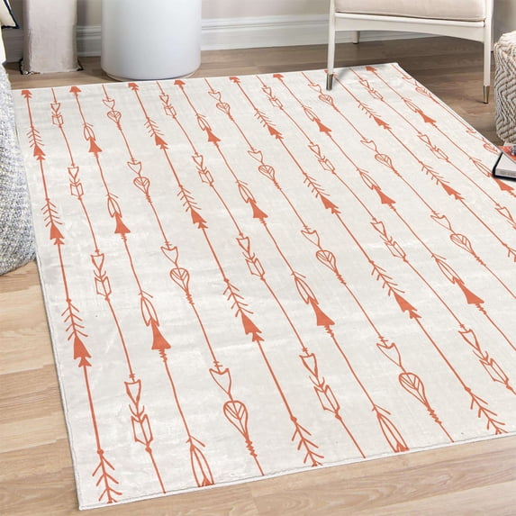 Arrow Decorative Rug, Hand Drawn Repetitive Sticks Pattern Vintage Tribal Illustration Art Print, Quality Carpet for Bedroom Dorm and Living Room, 6 Sizes, Salmon White, by Ambesonne