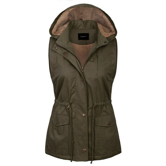 KOGMO Womens Fur Lined Anorak Safari Vest with Detachable Hoodie (S-3X)