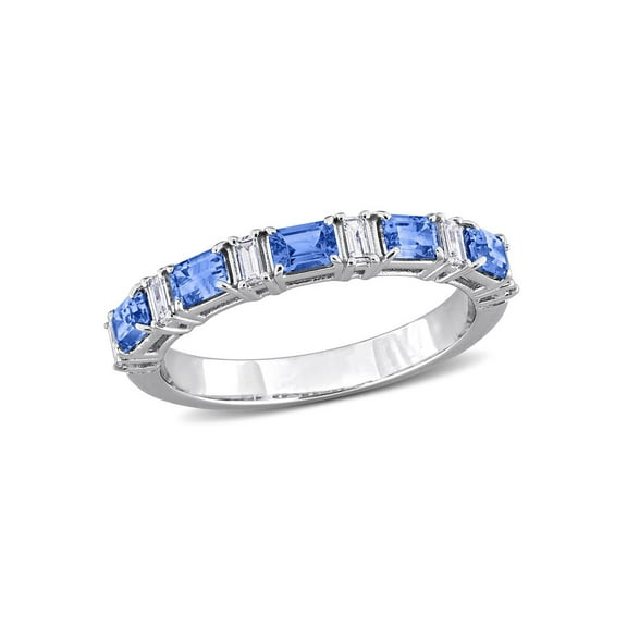 7/8 Carat (Ctw) Blue Sapphire Ring Band in 14K White Gold with Diamonds for Women