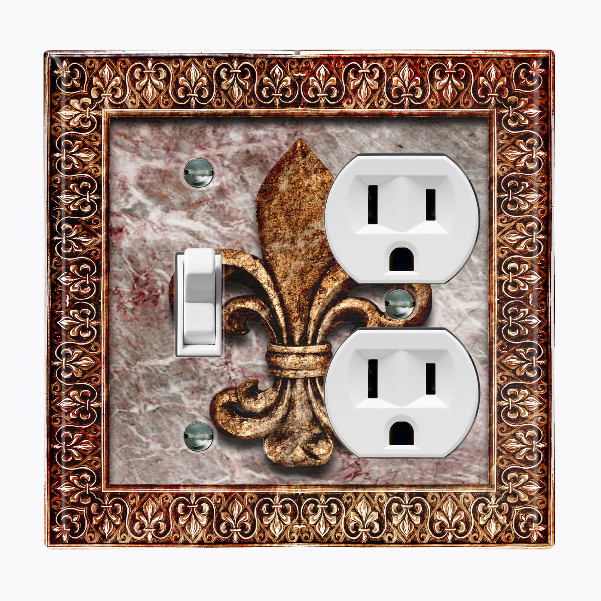 Metal Light Switch Plate Cover French Fleur De Lis Decor Aged Stone Gold Yellow 