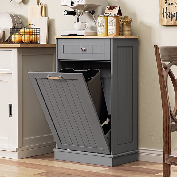AHB 13 Gallon Single Tilt Out Trash Cabinet with Drawer, Freestanding Kitchen Trash Can Storage Organizer, 20.9"L x 13.55"W x 38.5"H, Gray