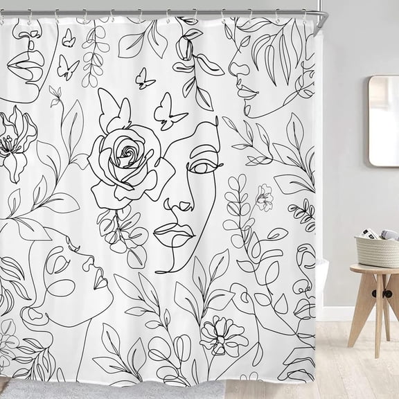 Modern Abstract Women Black White Face Shower Curtain for Bathroom Decor 72Wx72H Art Line Leaves Natural Farmhouse Floral Art Printed Fabric Polyester Waterproof 12 Pack Plastic Hooks