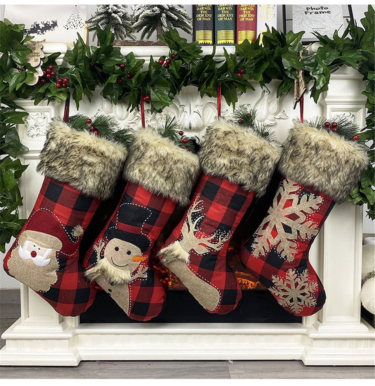 18'' Christmas Stockings Large Plaid Snowflake Plush Gift Sock Xmas Party Decor 
