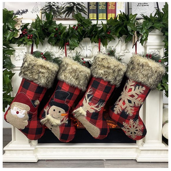 Grandes Bas de Noël Chaussettes Suspendues Père Noël Snowman Flocon de Neige Elk Cadeau Chaussettes en Toile de Jute Grand Carreau Poignets en Peluche Bas Cadeau de Noël Chaussettes en Lin pour Famille Fête de Vacances