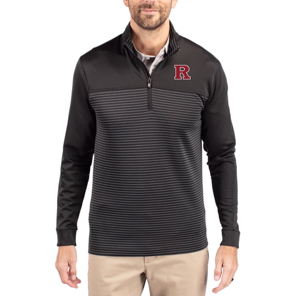 Men's-Cutter & Buck  Black Rutgers Scarlet Knights Traverse Stretch Eco Stripe DryTec Tri-Blend Quarter-Zip Pullover