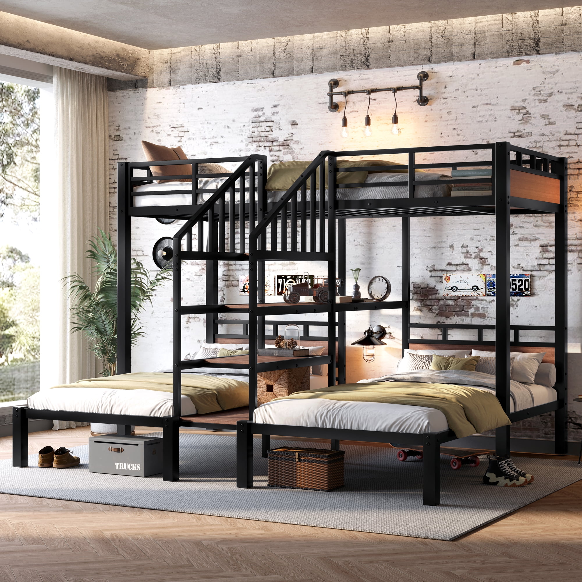 Triple Bunk Bed, Metal Bunk Bed, Twin over Twin over Twin with Storage Shelves, Headboard Shelf, Storage Stairs, Guardrails, 300 Lbs Each, Black for Kids Bedroom Dorm Hostel