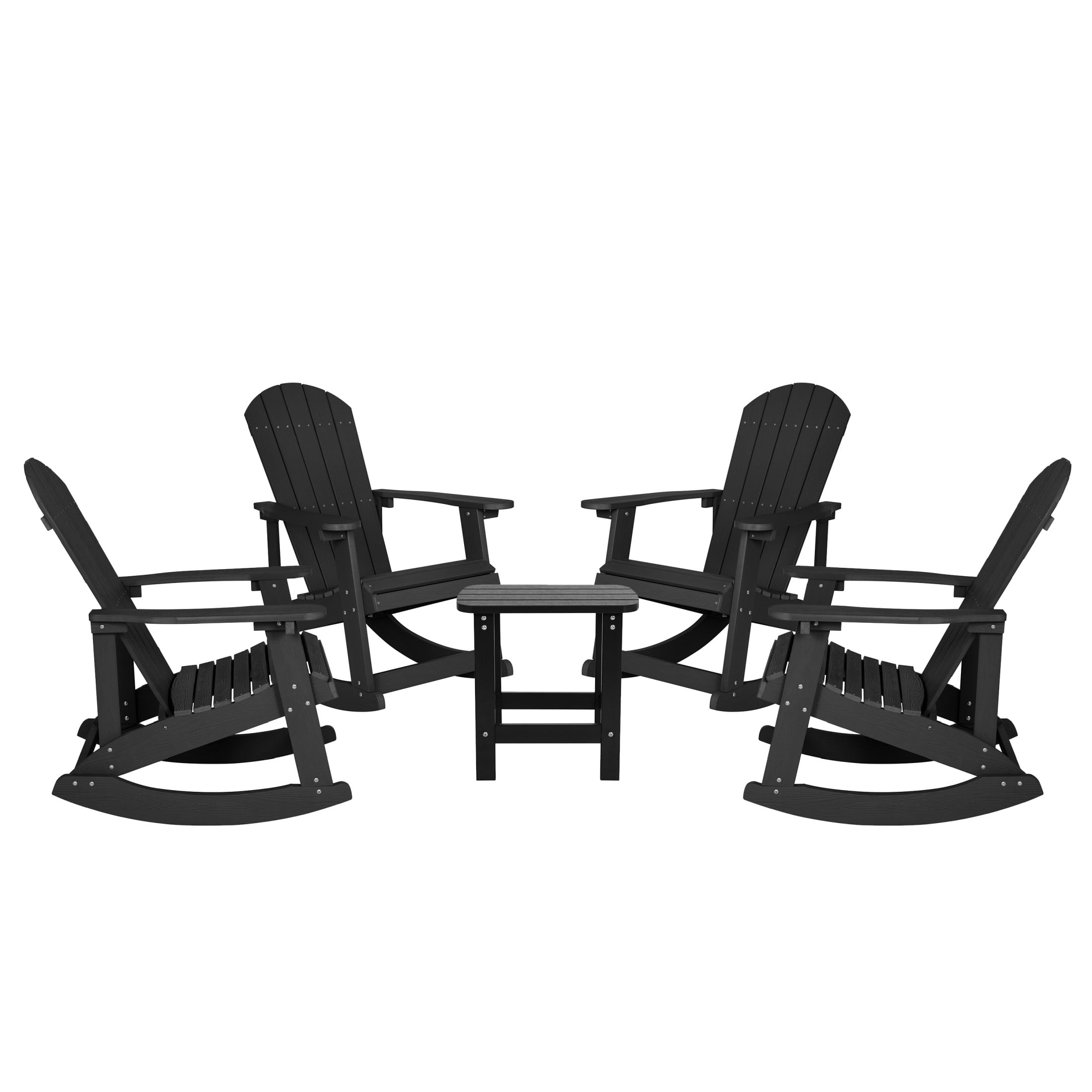 Emma + Oliver Set of 4 Classic All-Weather Poly Resin Rocking Adirondack Chairs in Black with Matching Side Table for Year Round Use