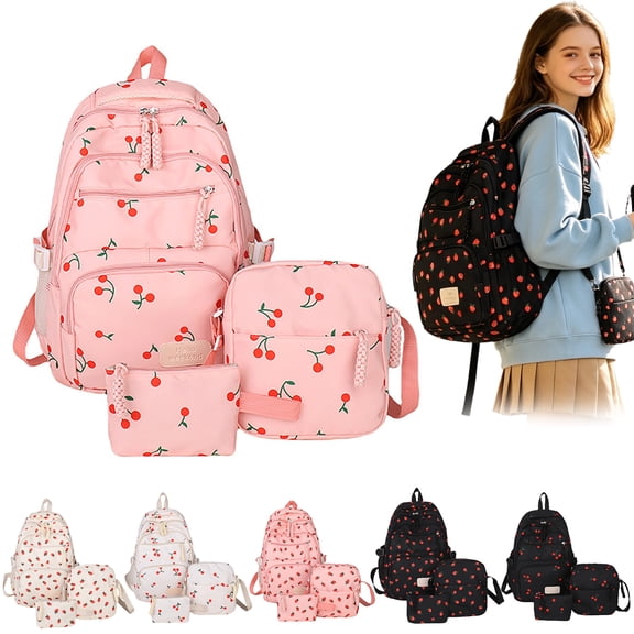 School Backpack Set for Girls Cute Strawberry Printed Multi Pockets Casual Daypack with Crossbody Bags and Pencil Case