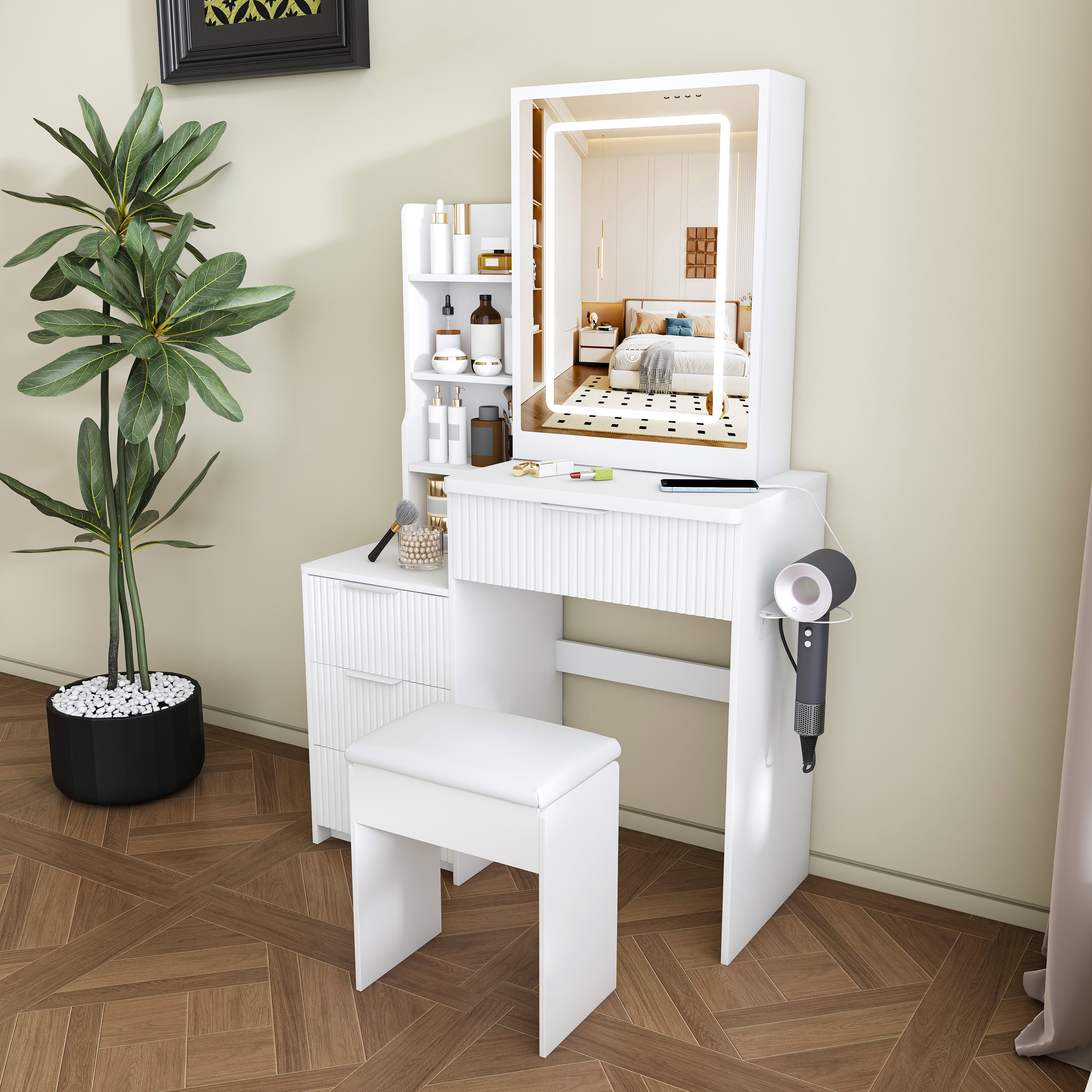 Modern Vanity Desk with LED Mirror and 3 Lighting Modes, Makeup Table with 4 Drawers and Power Outlet, Hair Dryer Holder and Stool for Bedroom, White