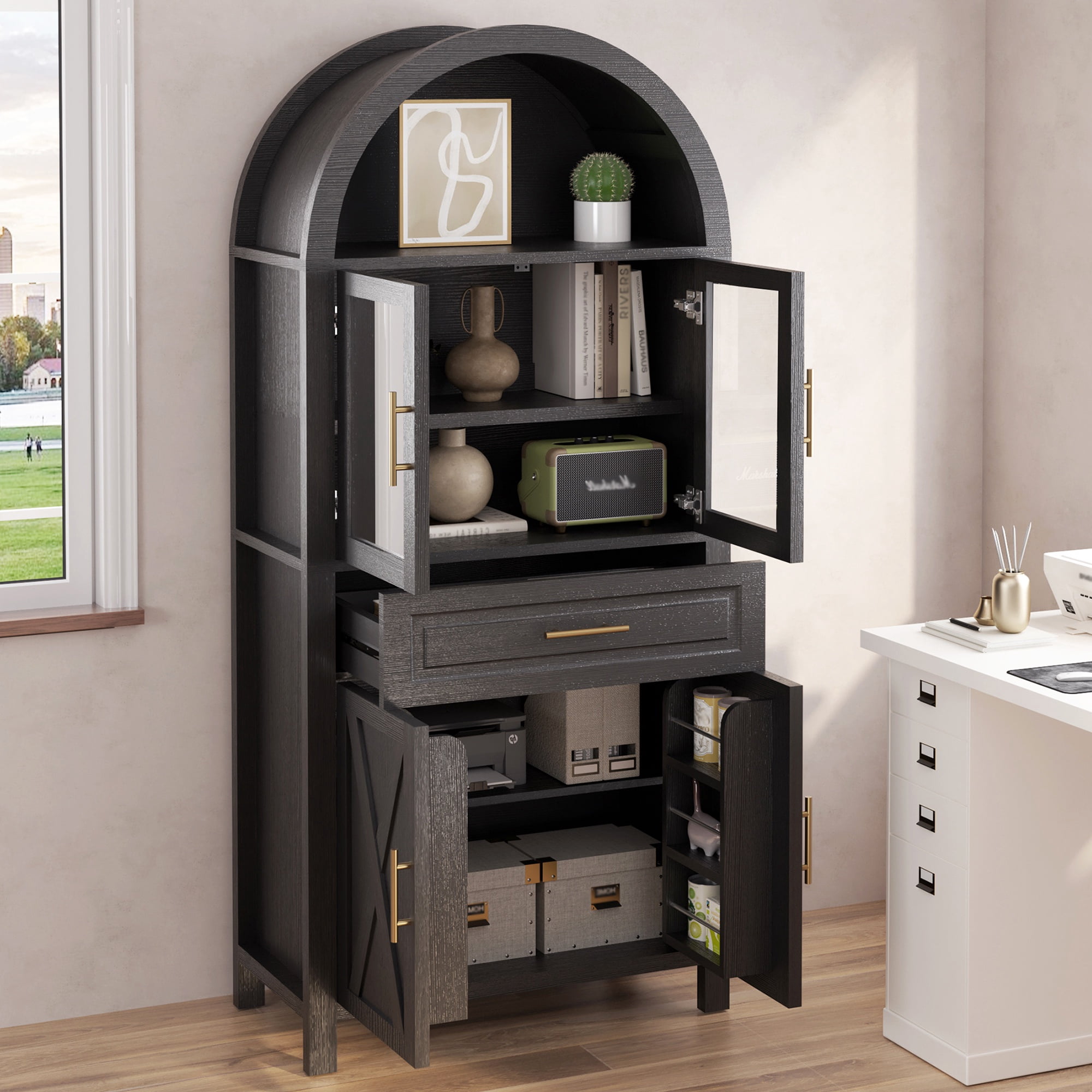 PORKISS Arched Kitchen Pantry Storage Cabinet, 71" Tall Wood Pantry Shelves with 4 Doors, 1 Large Drawer, Adjustable Shelves for Dining Room Living Room, Black