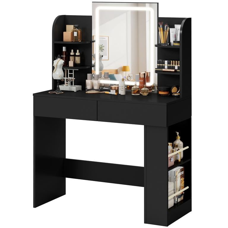 Lacoo Vanity Set with Mirror, Makeup Vanity with LED Light, Storage Drawers & Shelves, Vanity Desk for Bedroom Dressing Room, Black