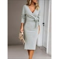 thumbnail image 2 of Women'S Long Sleeve Sweater Dress Side Split Bodycon Dresses Fall Midi Long Deep V Neck Fitted Spring Light Gray XL, 2 of 6