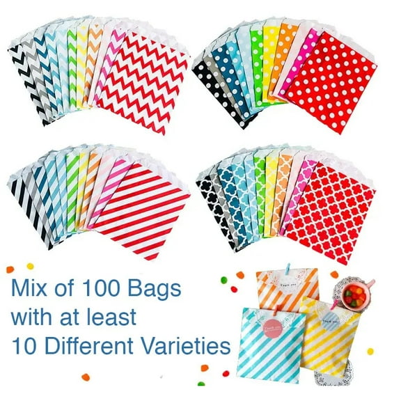 Charmed 100 Count Assorted Easter Paper Candy Cookie Bags, Food Safe Treat Bags for Parties, Multicolor