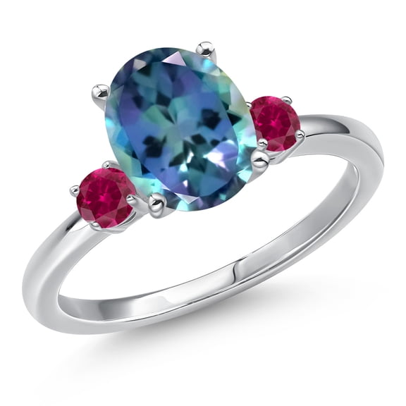 Gem Stone King 14K White Gold Millennium Blue Mystic Topaz and Red Created Ruby Engagement Ring for Women | 3.28 Cttw | Oval 10X8MM | Gemstone November Birthstone | Size 5