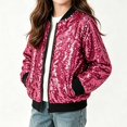 thumbnail image 2 of Vdoaml Girls Sequin Bomber Jacket Kids Full Zip Long Sleeve Sparkly Coat Children Party Performance Outerwear 9-10 Years Hot Pink, 2 of 5