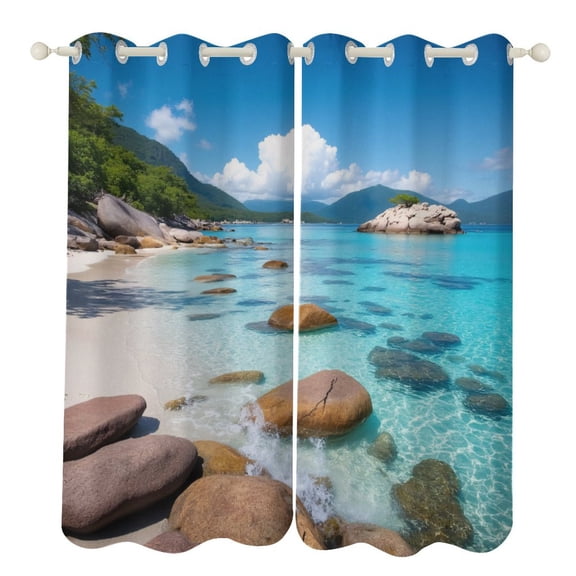 Tropical Beach with Rocks 2 Panels 3D Printing Pattern Curtain for Bedroom Living Room Kitchen Window Decoration Home