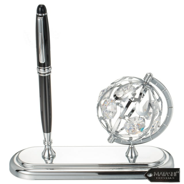 Highly Polished Chrome Plated Executive Globe Pen Desk Set by Matashi