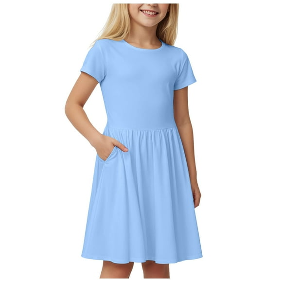 Ketyyh-chn99 Girls Dress Tutu Fluffy Summer Dresses Girls' Summer Comfortable Breathable Loose Solid Color Dress Suitable For Ages 4 To 14 Size for 9-10 Years,Sky Blue