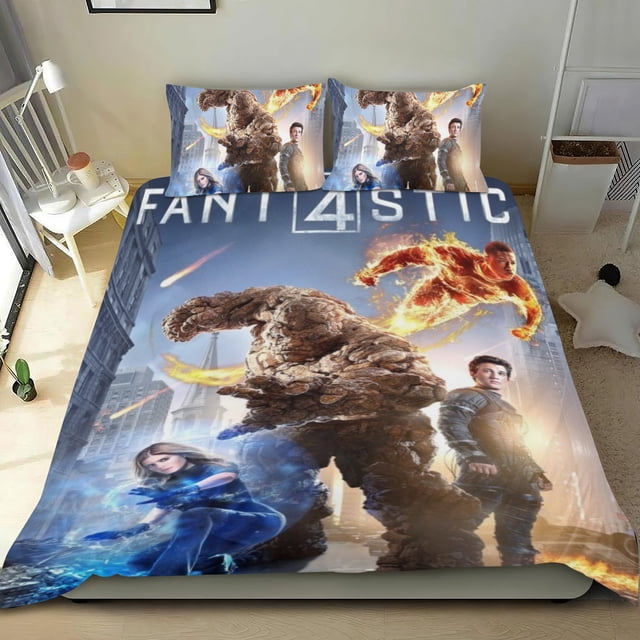 Los Cuatro Fantásticos Conjunto de sábanas temático, trío de piezas, cómodo y amigable con la piel, diseño único, regalo de decoración para el hogar para familiares, amigos y fans, 90 cm * 190 cm