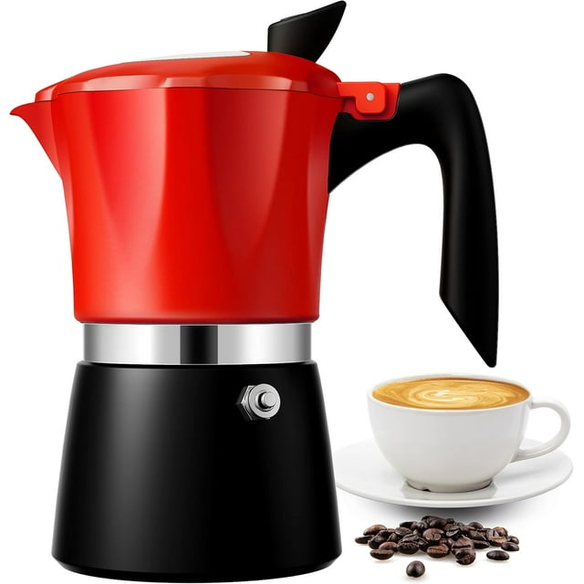 Italian Moka Pot Espresso Coffee Maker with Transparent Top Lid, 6 x 300ml Espresso Cups, Classic Aluminum Coffee Percolator, Red
