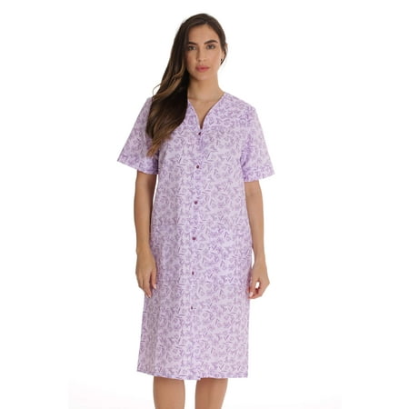 

Dreamcrest Women s Seersucker Housecoat Duster - Short Sleeve Snap-Front with Pockets (Purple - Tulips 1X Plus)