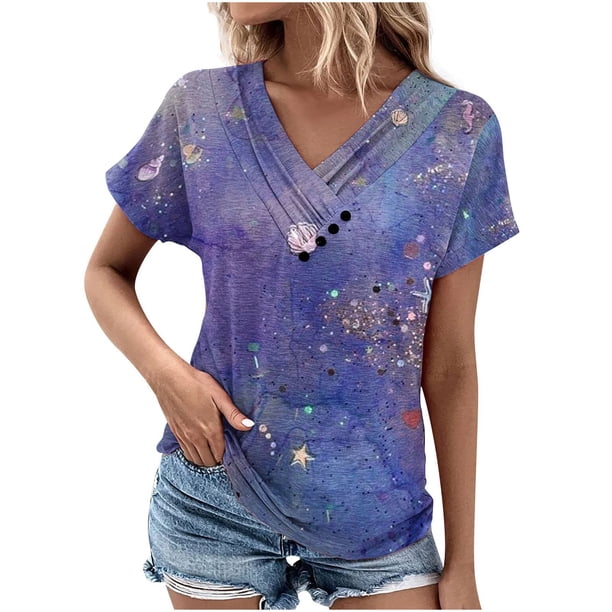 Camiseta de Manga Corta Suelta con Cuello en V Impresa, Blusa Casual para el Hogar Y el Uso Diario