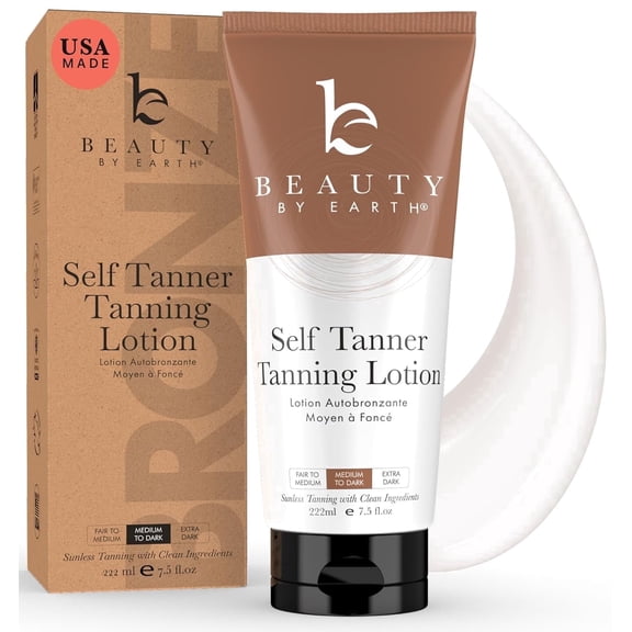 Beauty by Earth Self Tanner - Made with Organic Aloe Vera & Shea Butter, Sunless Tanning Lotion and Bronzer Buildable Light, Medium or Dark for Natural Looking Fake Tan, 1 Pack