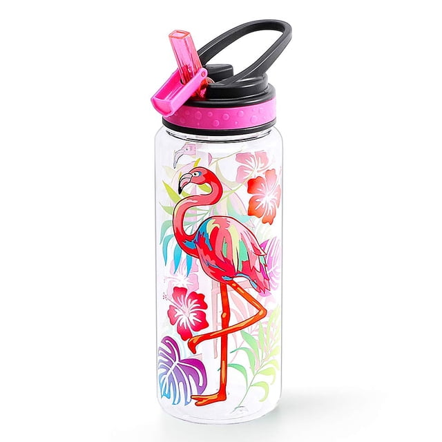 Homtune Bonita Botella De Agua Con Pajita Para Niños De La Escuela, Niñas, Sin Bpa, Tritan, A Prueba De Fugas, Fácil De Limpiar Y Asa De Transporte, 23 Oz/680 Ml, Flamenco