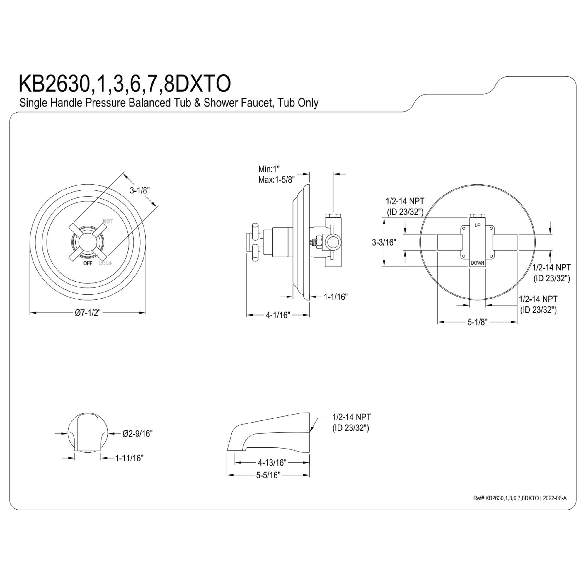 Kingston Brass KB2630DXTO Concord Single-Handle Pressure Balanced Tub Faucet in Matte Black