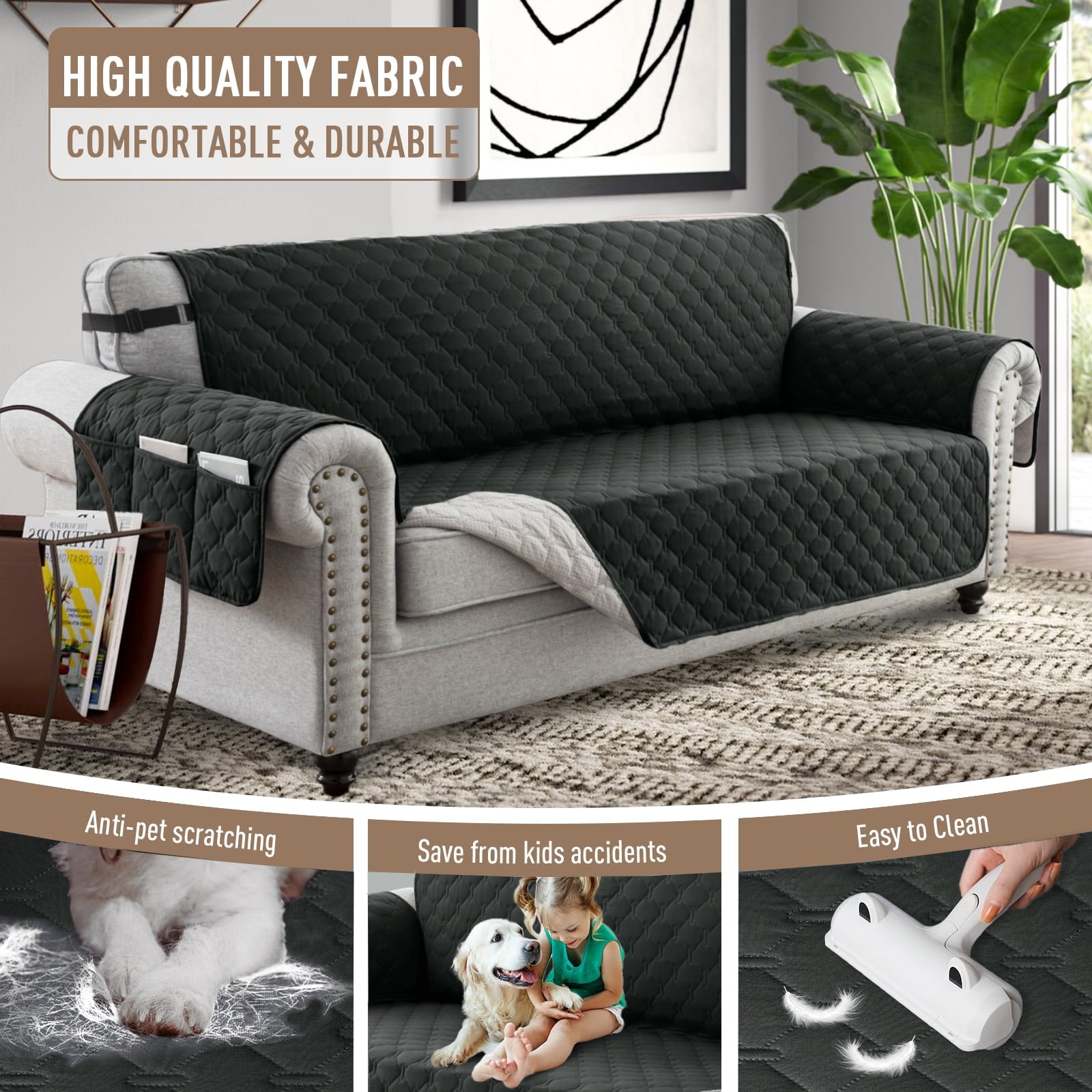 Sanmadrola Sofa Cover 100% Waterproof Couch Slipcovers Washable Non-Slip Furniture Protector with Pockets/Elastic Straps/Silicone Backing for Kids Pets Dogs, Black, Loveseat (Two-couch Sofa)