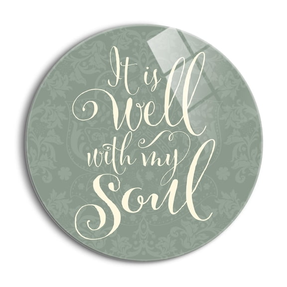 Well With My Soul Pistachio Green Scroll 24 inch Glass Round Wall Hanging Sign