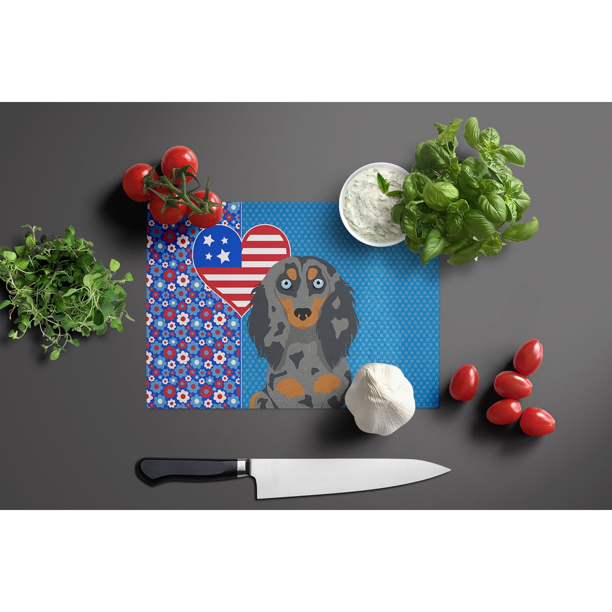 Longhair Blue and Tan Dapple Dachshund Glass Cutting Board Large 12 in x 15 in