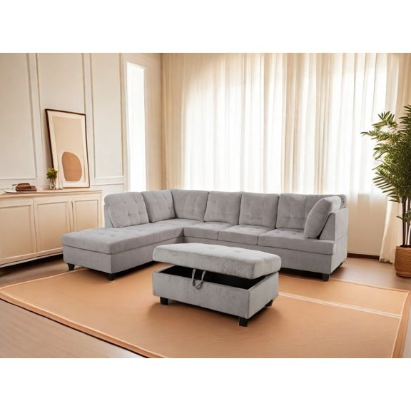 Grey White Corduroy 3-Piece Couch Living Room Sofa Set (right)