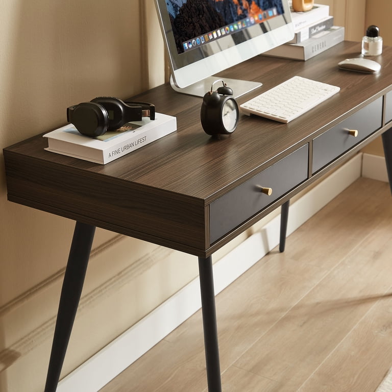 Mid-Century Desk - Walnut Dark Grey Home Office Computer Desk, 47 Writing Table with Drawers, MDF, Modern Study Desk for Bedroom Office - com