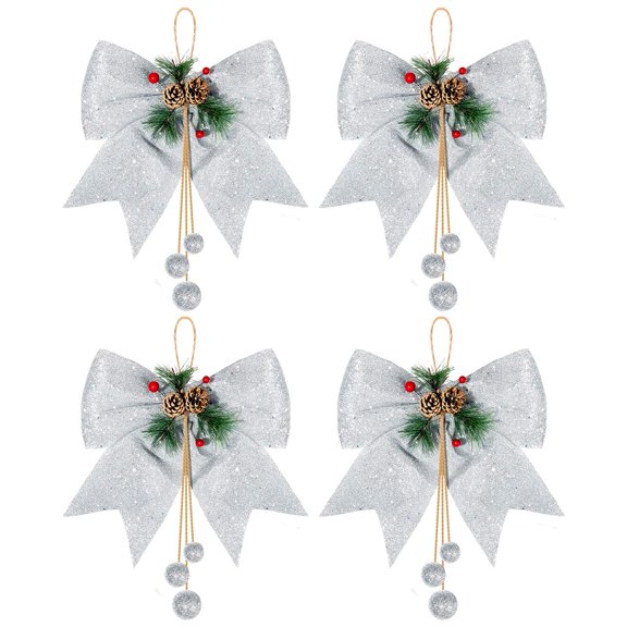 Holzlrgus 4pcs Christmas Bow, Silver Wreaths Bows, Large Glitter Ribbon Bow Tie, Large Xmas Bows, Wreath Ornament Decor for Christmas Tree Party Gift, 9.8 x 11.8