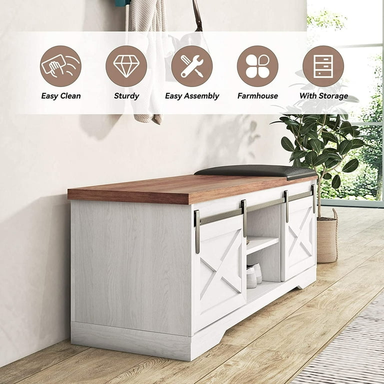 Vivvoo 47 inch Farmhouse Entryway Shoe Storage Bench with Sliding Doors Cushion Mudroom Shelves Walmart