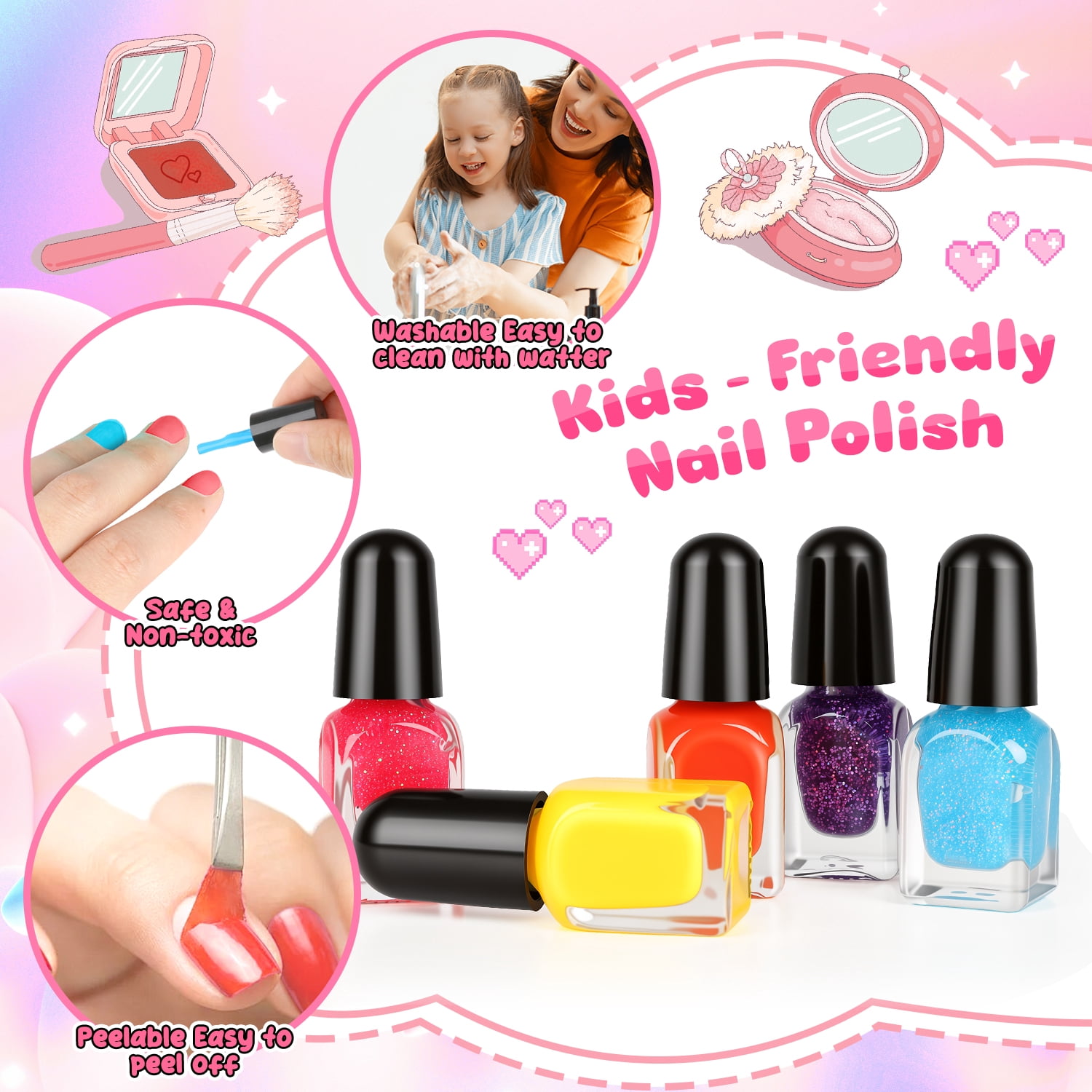 Flooyes Pretend Play Kids Colorful  Nail Toys Set, Shell Makeup Toy Kit for Little Girls Age 7-12 , Idea Birthday Gift for Kids 3-12
