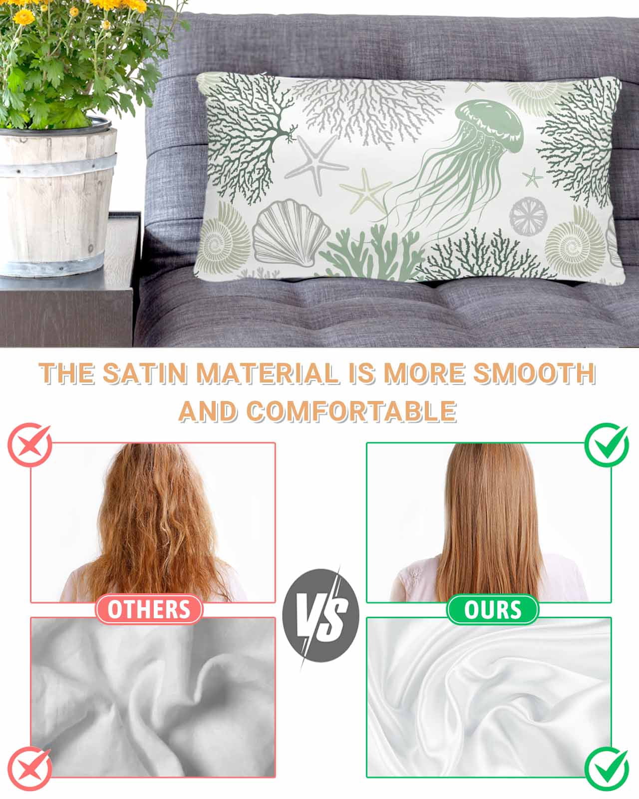 Sage Green Coastal Pillow Cases Cal King Size, Smooth Satin Pillowcase for Hair and Skin, Coral Jellyfish Nautical Decorative Cooling Bed Pillow Covers with Zipper, 20x40 Inches
