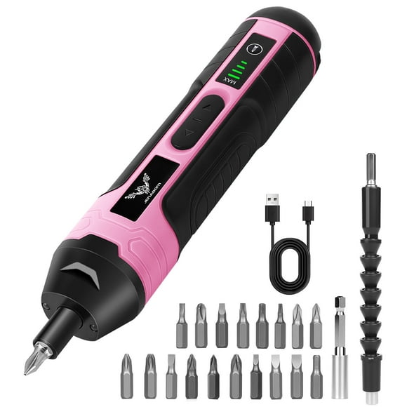 JENABOM Destornillador Eléctrico Inalámbrico 21 en 1, Destornillador Recargable de 3.6V, Torque Máximo de 5N. M, Torque de 4 Velocidades, Luz LED, para Mujer Hogar Oficina Bricolaje (Rosa)
