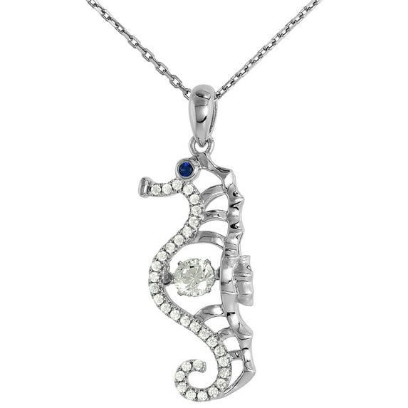 Sterling silver Dancing CZ Seahorse Cut-out Necklace Black Eyes Micro Pave 20 inch _RL30H