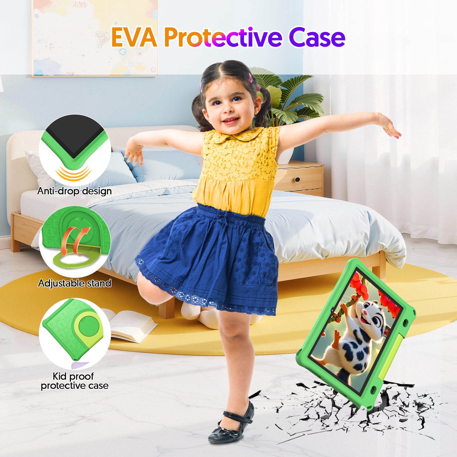 10inch Kids Tablet Android 15,1280x800 HD IPS Display Tablet with EVA Case,12GB (3g+9g) RAM+64GB Rom,Quad-Core, Wi-Fi6,6000mAh,Parental Control App Google Certified - Green