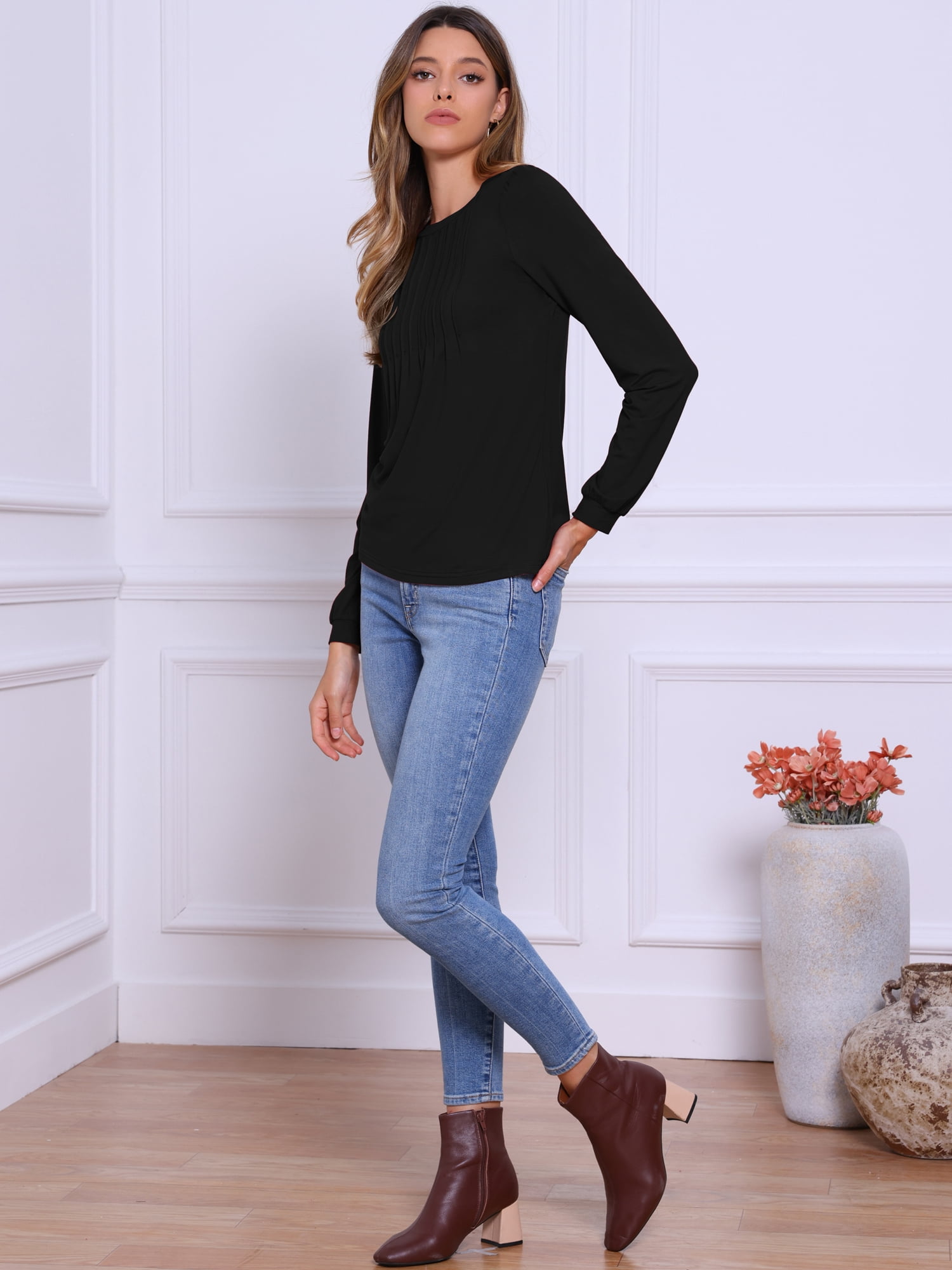 DARING DIVA Women's Pleated Trim Casual Long Sleeve Top M Black