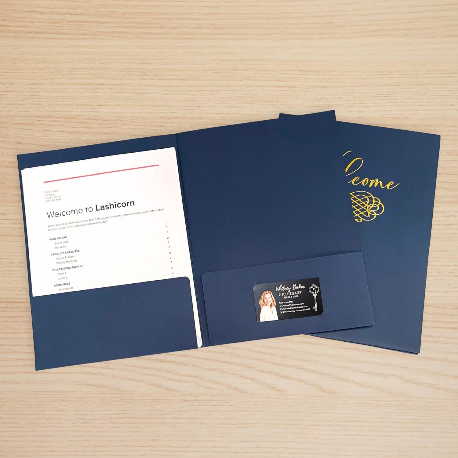 Welcome Packet Folders Dark Blue Linen Luxury with Two Pockets  25 pk 9x12 Gold Foil Membership, Church, Team, New Hire, Visitors Business Card Insert