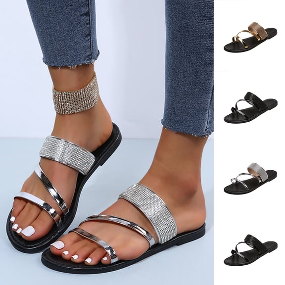 Miluxas Women's Rhinestone Flat Sandals Casual Spring Summer Slip on Open Toe Plus Size Sandals Slide Sandals for Women Silver 9.5(43)