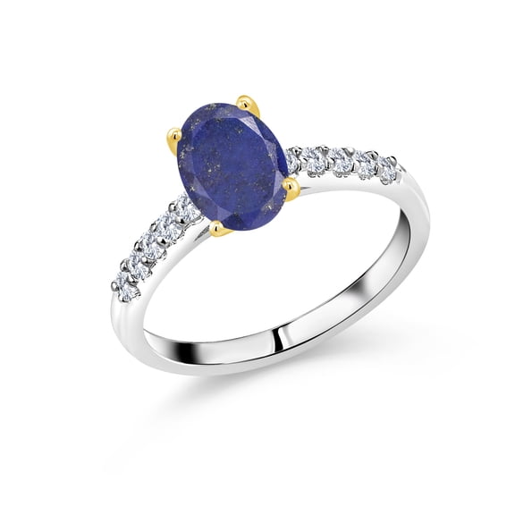 Gem Stone King 2.20 Ct Blue Lapis E-F Lab Grown Diamond 925 Silver and 10K Yellow Gold Ring (Size 8)