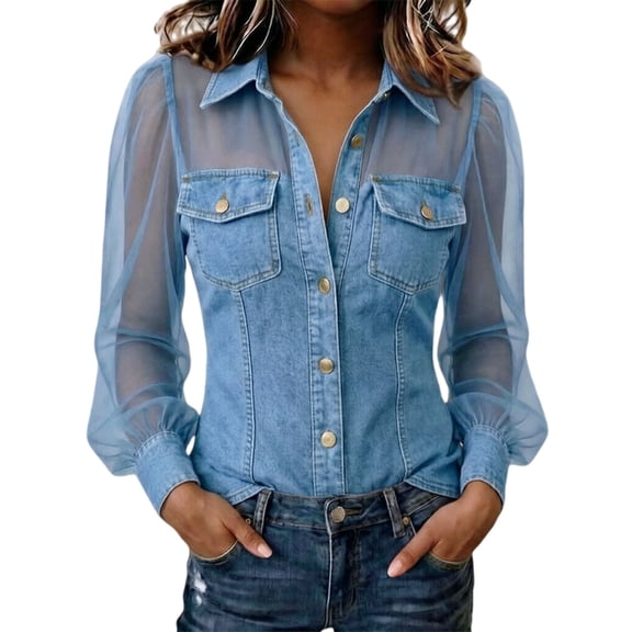Long Sleeve Shirts for Women V Neck Utility Pocket Button Front Shirt with Patchwork Sleeve Detail Women's Button Down Shirts
