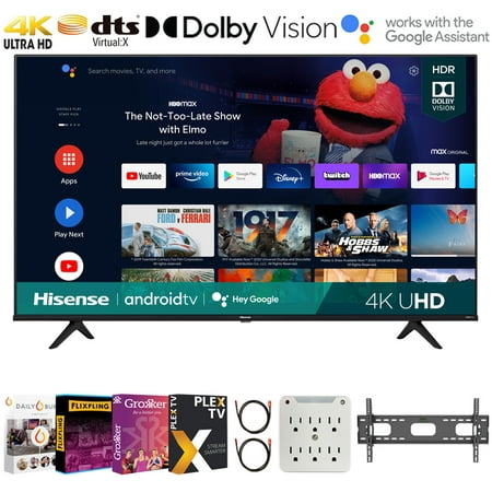 Hisense 43A6G 43 Inch A6G Series 4K UHD Smart Android TV with Dolby Vision HDR 2021 Bundle with Premiere Movies Streaming + 37-70 Inch TV Wall Mount + 6-Outlet Surge Adapter +2x 6FT 4K HDMI 2.0 Cable