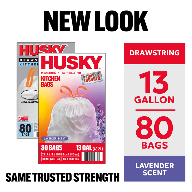 Husky 13 Gallon Tall Kitchen Drawstring Bags, Lavender Scented, 80