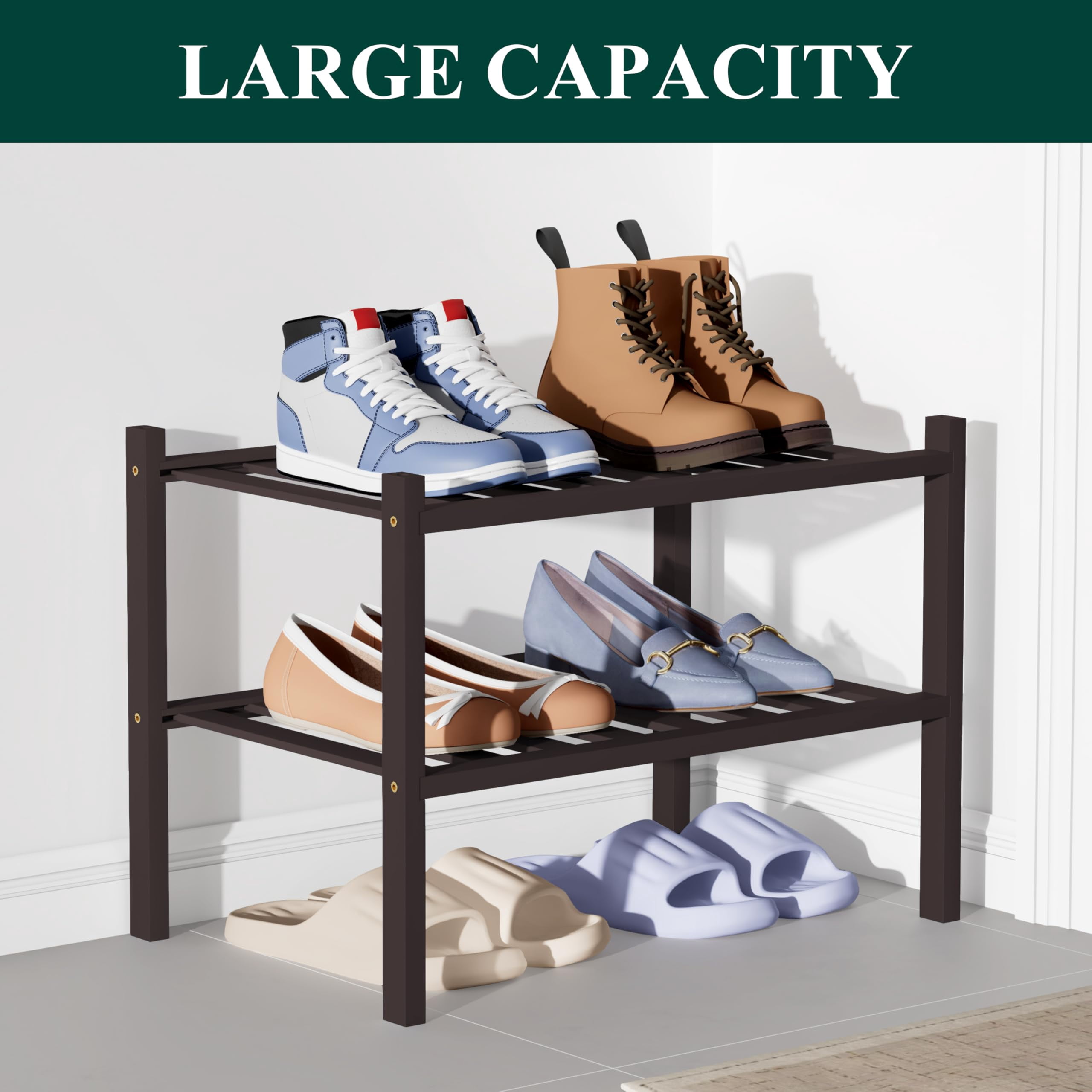decorUhome Bamboo 2 Tier Small Shoe Rack for Closet, Shoe Storage Organizer, Wood Shoe Shelf for Entryway, Brown
